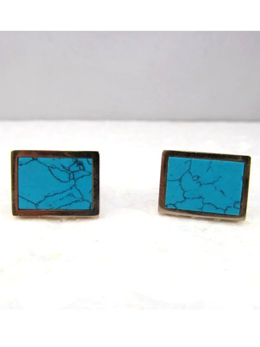 Men's Rectangle Acrylic Faux Turquoise Cufflinks Silver Tone Metal & Bullet Back